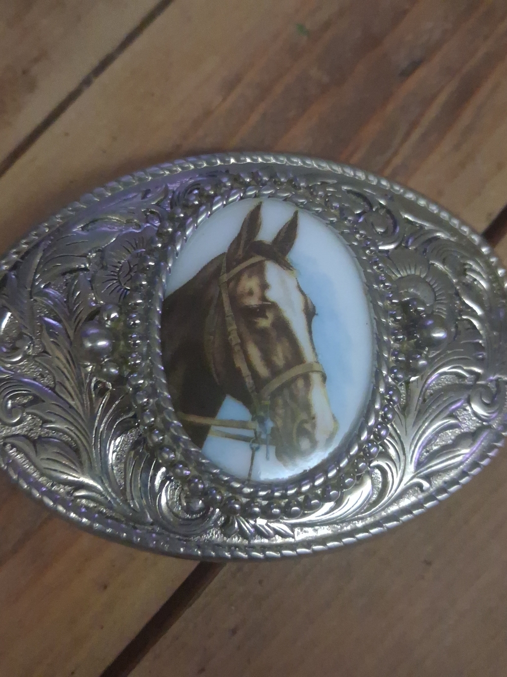 Vintage Western Horse Head Oval Belt Buckle Silver Tone Engraved Floral Cameo